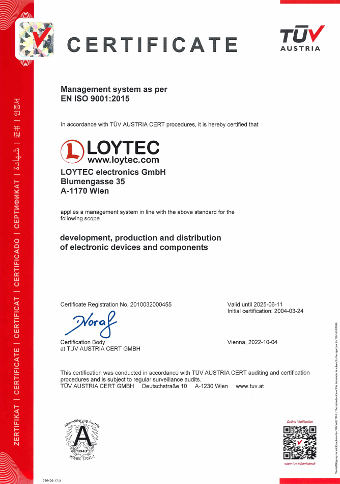 LOYTEC ISO9001 Zertifikat