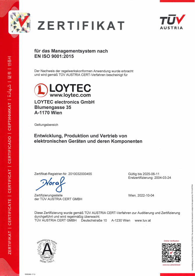 LOYTEC ISO9001 Zertifikat (bis 2025)