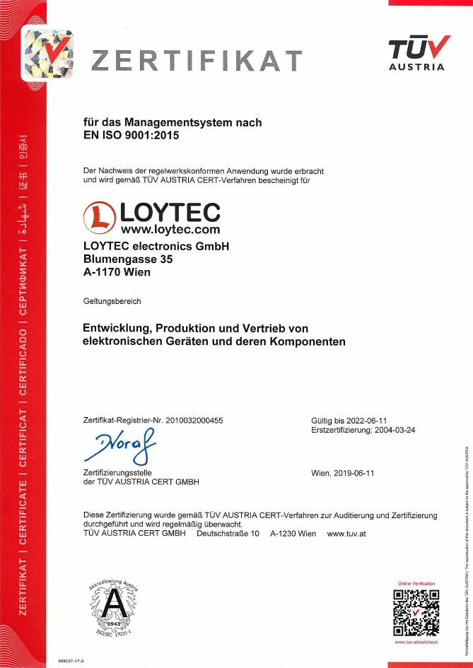 LOYTEC ISO9001 Zertifikat 2019