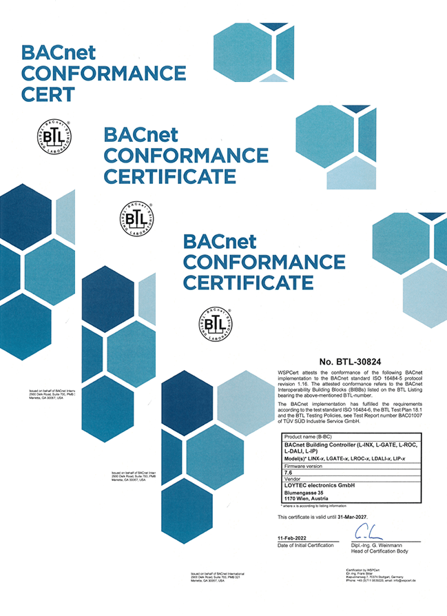 BACnet BTL BBC Certificate until 2027